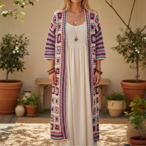 New Anthro SAACHI Handcrafted Crochet Cotton Granny Square Kimono Cardigan OSFM